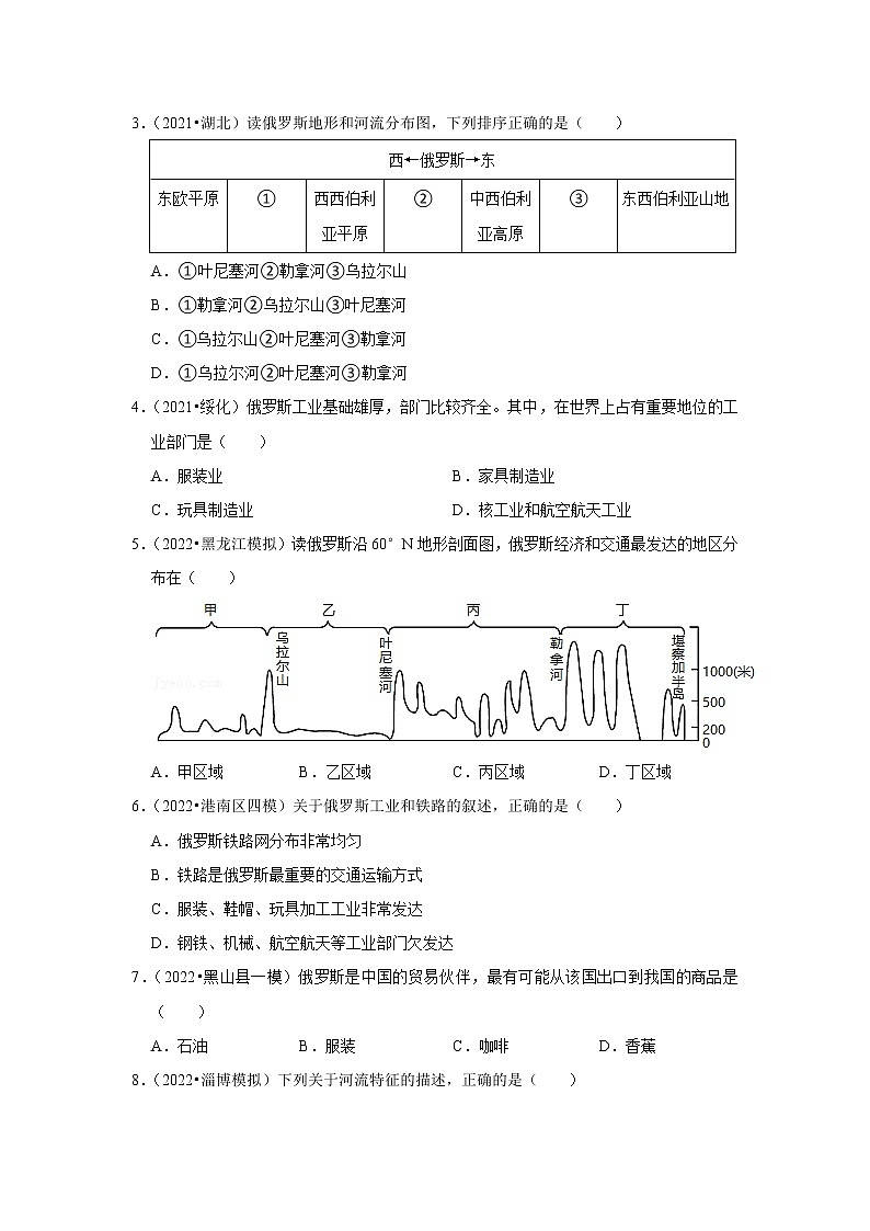 14 俄罗斯（原卷版）——【中考二轮复习】2023年新中考地理重难点精讲精练学案第2页