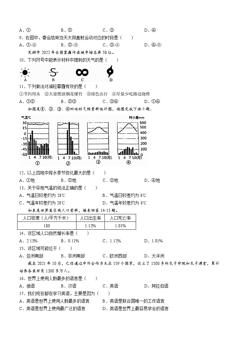 安徽省芜湖市无为市2022-2023学年七年级上学期期末地理试题（含答案）02
