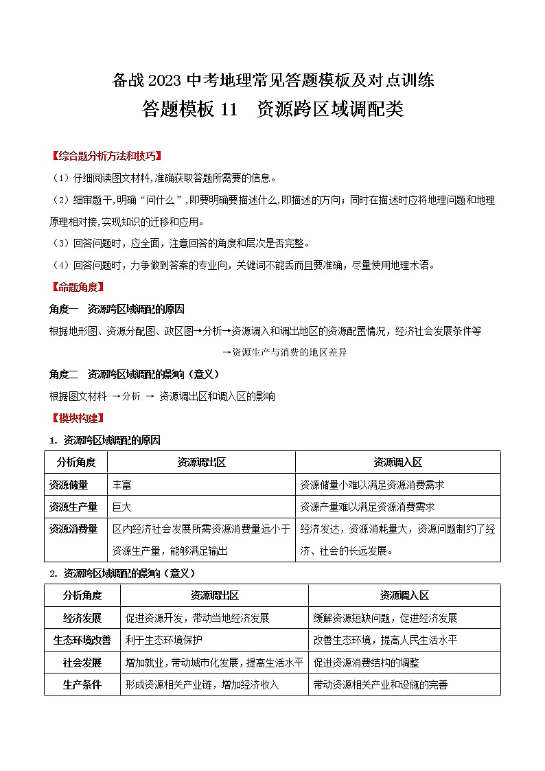 答题模板11  资源跨区域调配类-备战2023年中（会）考地理综合题答题模板及解答指导第1页