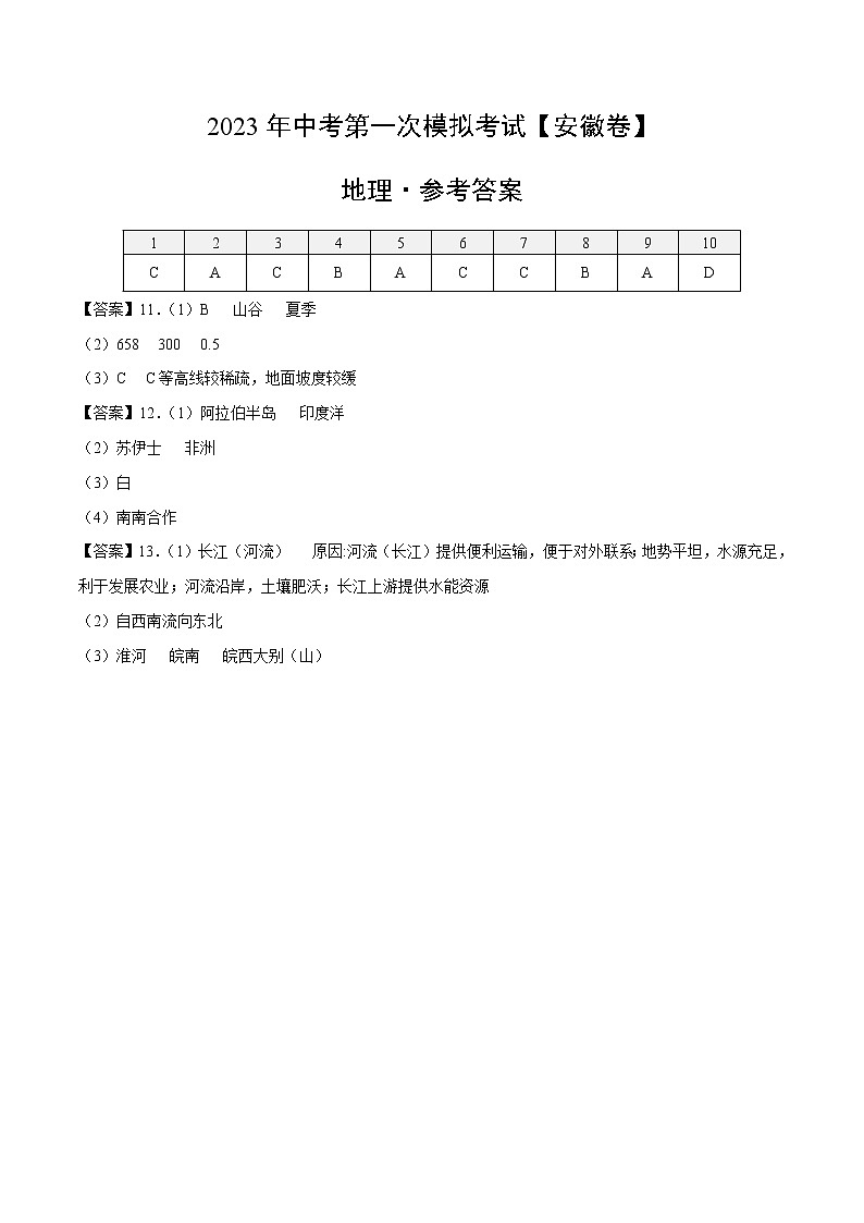 （安徽）2023年中考地理第一次模拟考试（参考答案）第1页