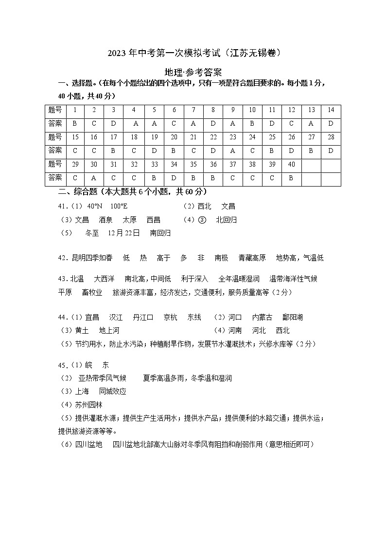 （江苏无锡卷）2023年中考地理第一次模拟考试（参考答案）第1页