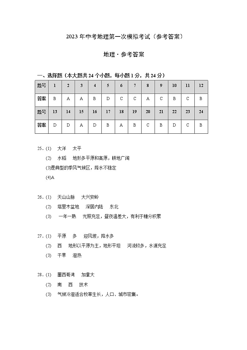 地理（江西卷）-学易金卷：2023年中考第一次模拟考试卷01