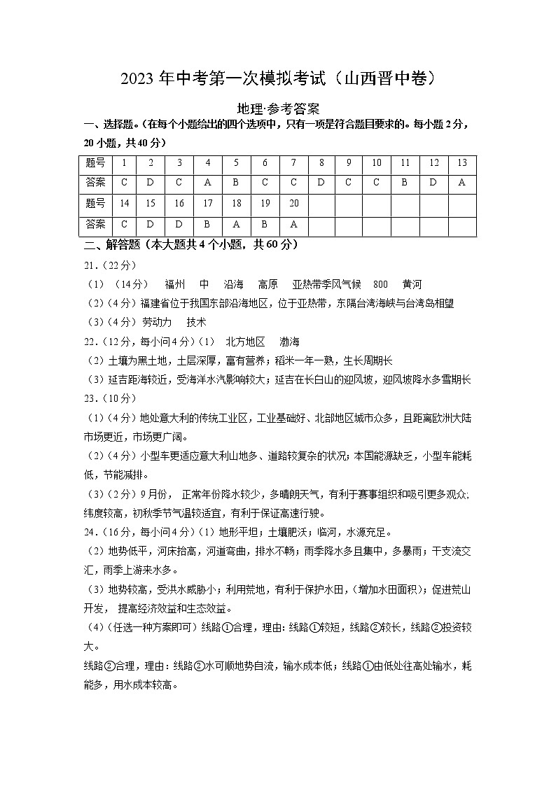 地理（山西晋中卷）-学易金卷：2023年中考第一次模拟考试卷01