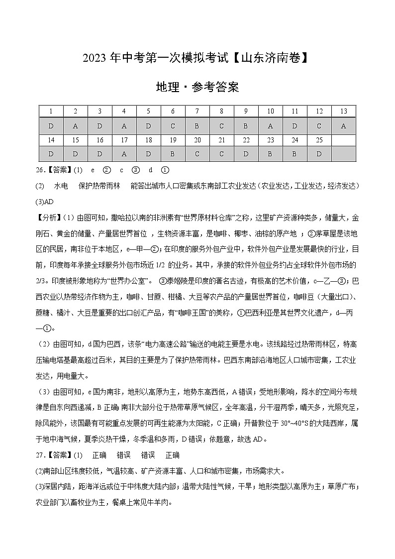 地理（山东济南）-学易金卷：2023年中考第一次模拟考试卷01