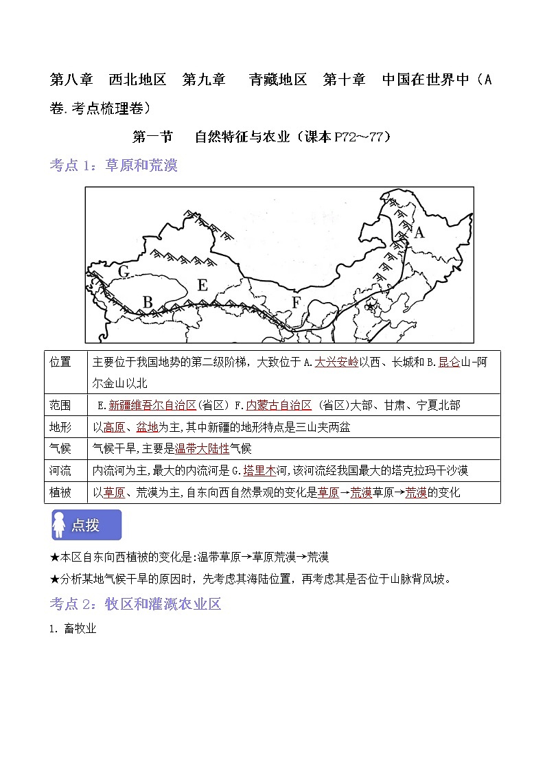 第八、九、十章西北、青藏地区和中国在世界中（考点梳理学案）——2022-2023学年八年级下册地理单元复习卷（人教版）01