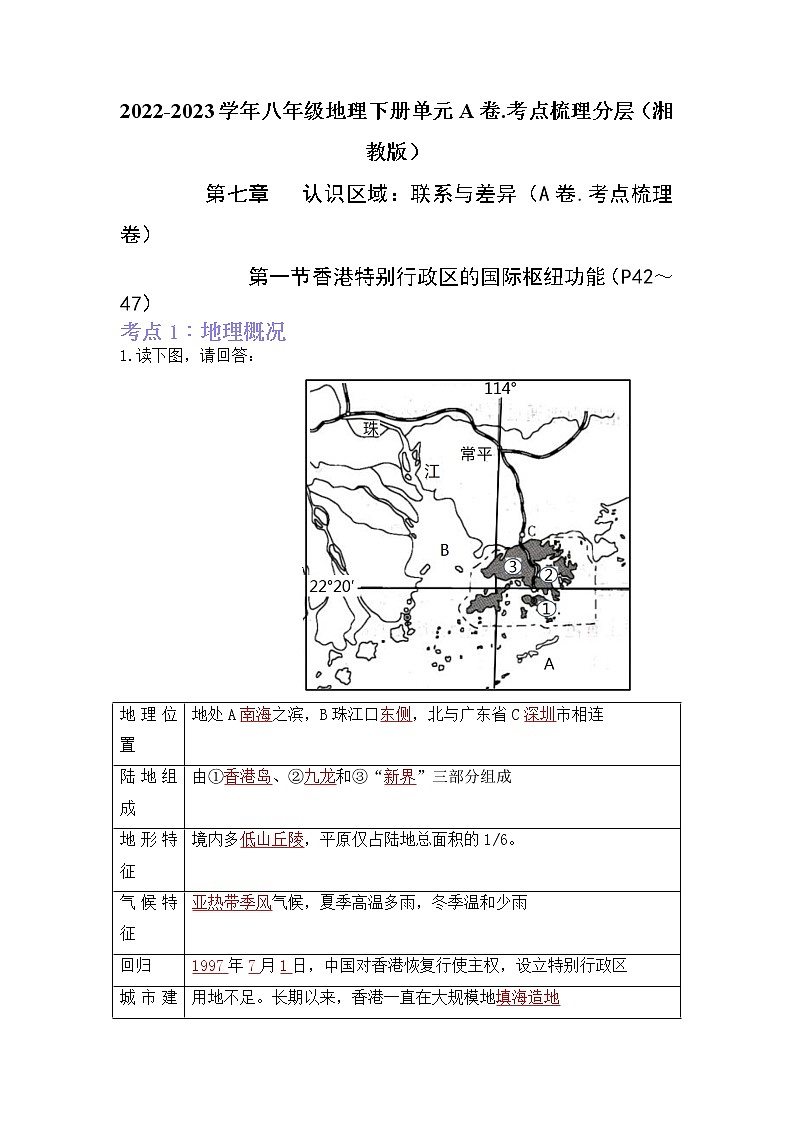 第七章认识区域：联系与差异（考点梳理学案）——2022-2023学年八年级下册地理单元复习训练（湘教版）01