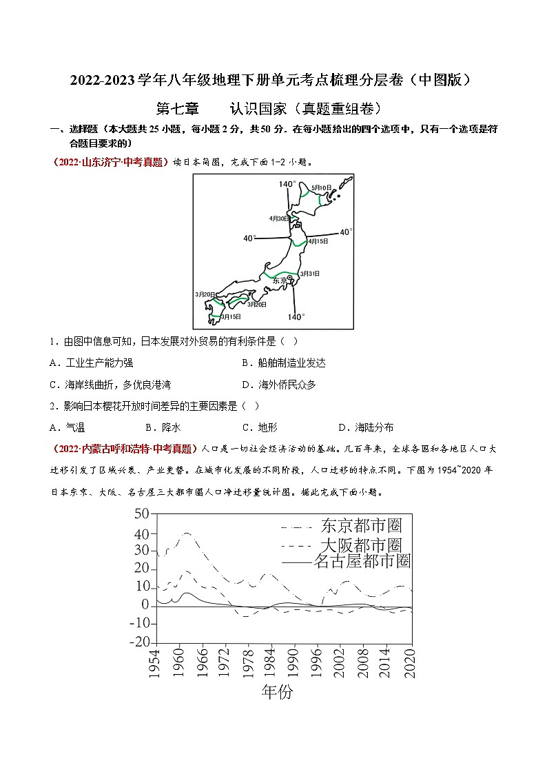 第七章 认识国家（真题汇编卷）——2022-2023学年八年级下册地理单元复习训练（中图版）（原卷版）第1页