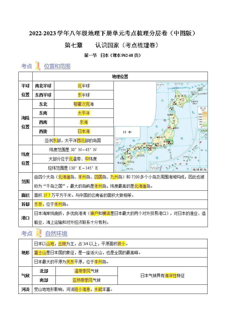 第七章 认识国家（考点梳理学案）——2022-2023学年八年级下册地理单元复习训练（中图版）（解析版）第1页