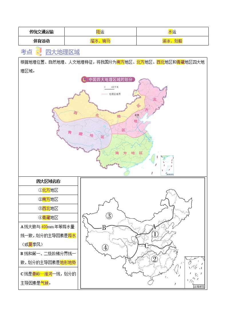 第六章  我国的区域差异（考点梳理学案）——2022-2023学年七年级下册地理单元复习训练（中图版）03