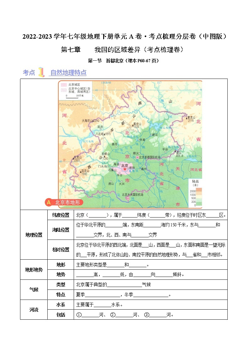 第七章  认识我国的区域（考点梳理学案）——2022-2023学年七年级下册地理单元复习训练（中图版）（原卷版）第1页