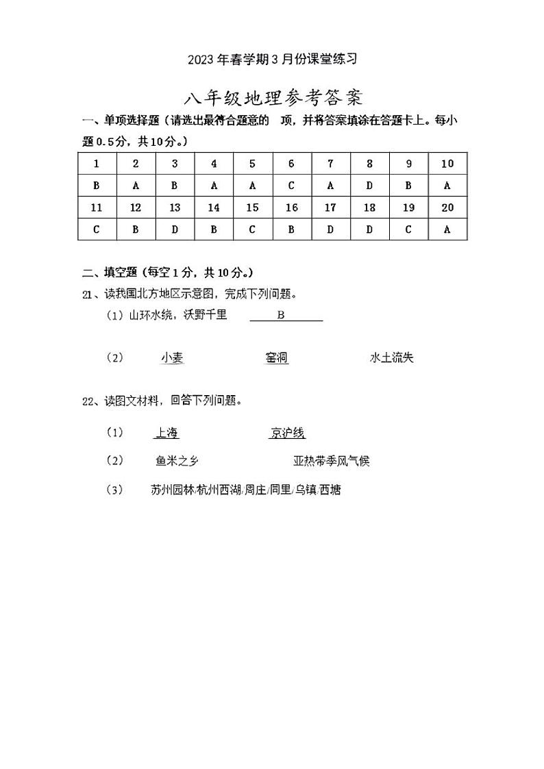 江苏省盐城市盐都区2022-2023学年八年级下学期第一次月考地理试卷01
