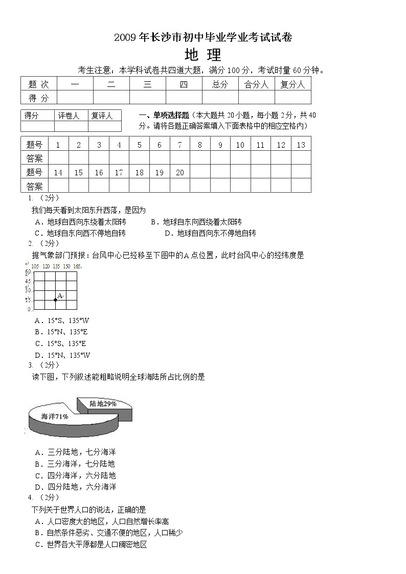 2009年湖南省长沙市初中学业水平考试地理中考真题及答案01