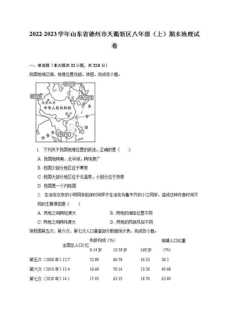 2022-2023学年山东省德州市天衢新区八年级（上）期末地理试卷（含解析）01