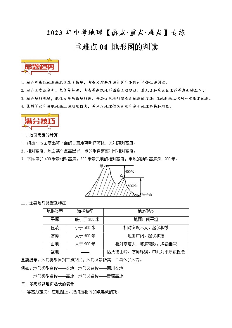 重难点04 地形图的判读（原卷版+解析版）-2023年中考地理【热点·重点·难点】专练01