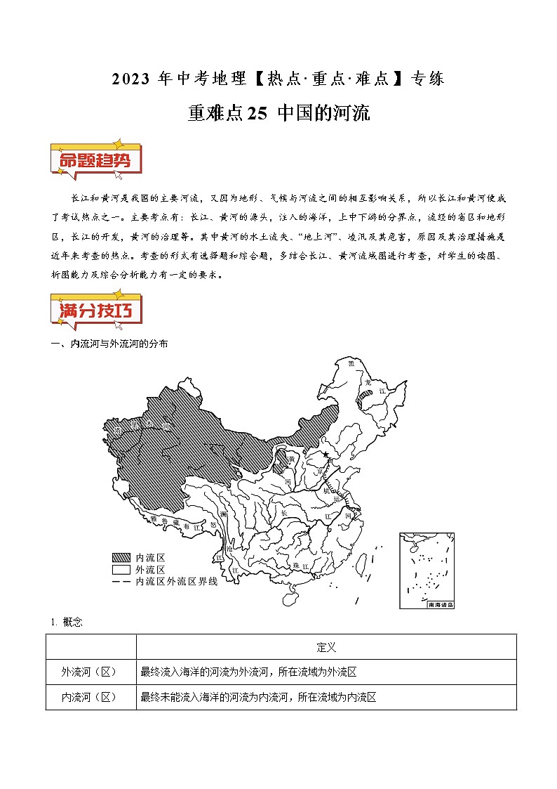 重难点25 中国的河流（原卷版+解析版）-2023年中考地理【热点·重点·难点】专练01