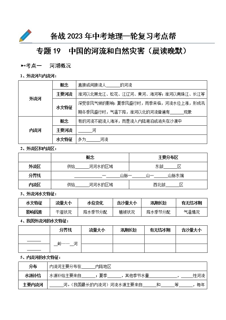 专题19  中国的河流和自然灾害（晨读晚默）（晚默版）第1页