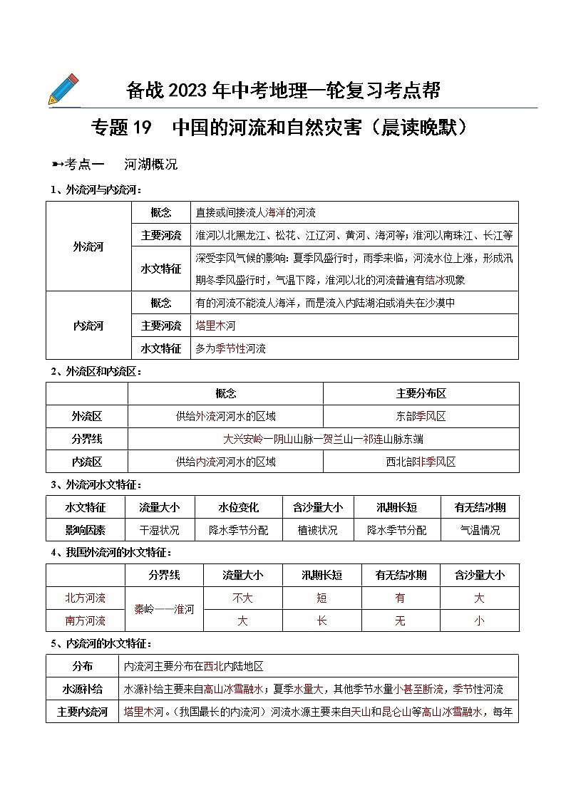 专题19  中国的河流和自然灾害（晨读晚默）（晨读版）第1页