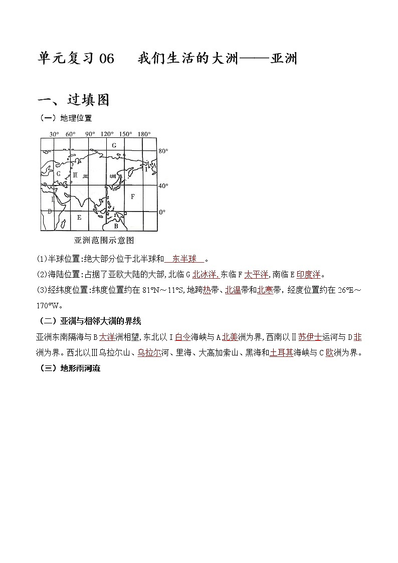 单元复习06 我们生活的大洲——亚洲（习题专练）——2022-2023学年人教版地理七年级下册单元综合复习（原卷版+解析版）01