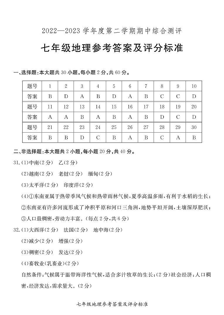 七年级地理参考答案第1页