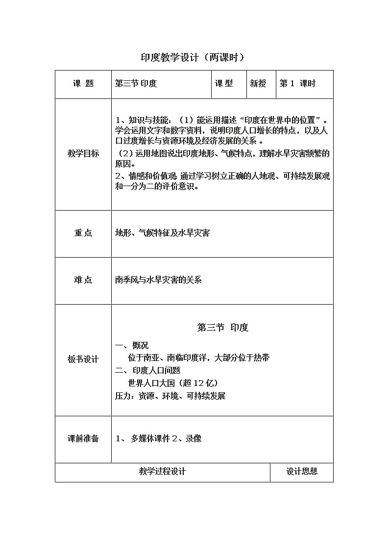 人教版初中地理七年级下册 第三节　印度   教案01
