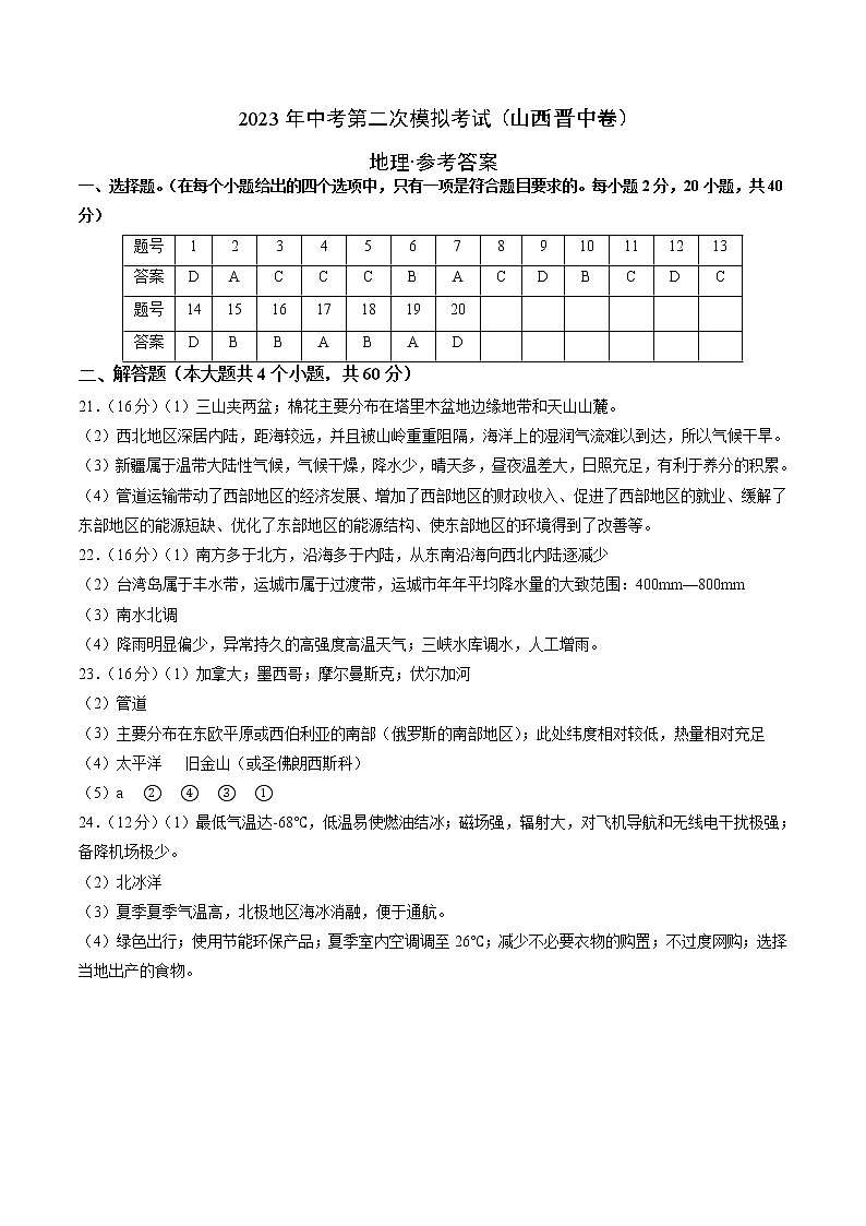 （山西晋中卷）2023年中考地理第二次模拟考试（参考答案）第1页