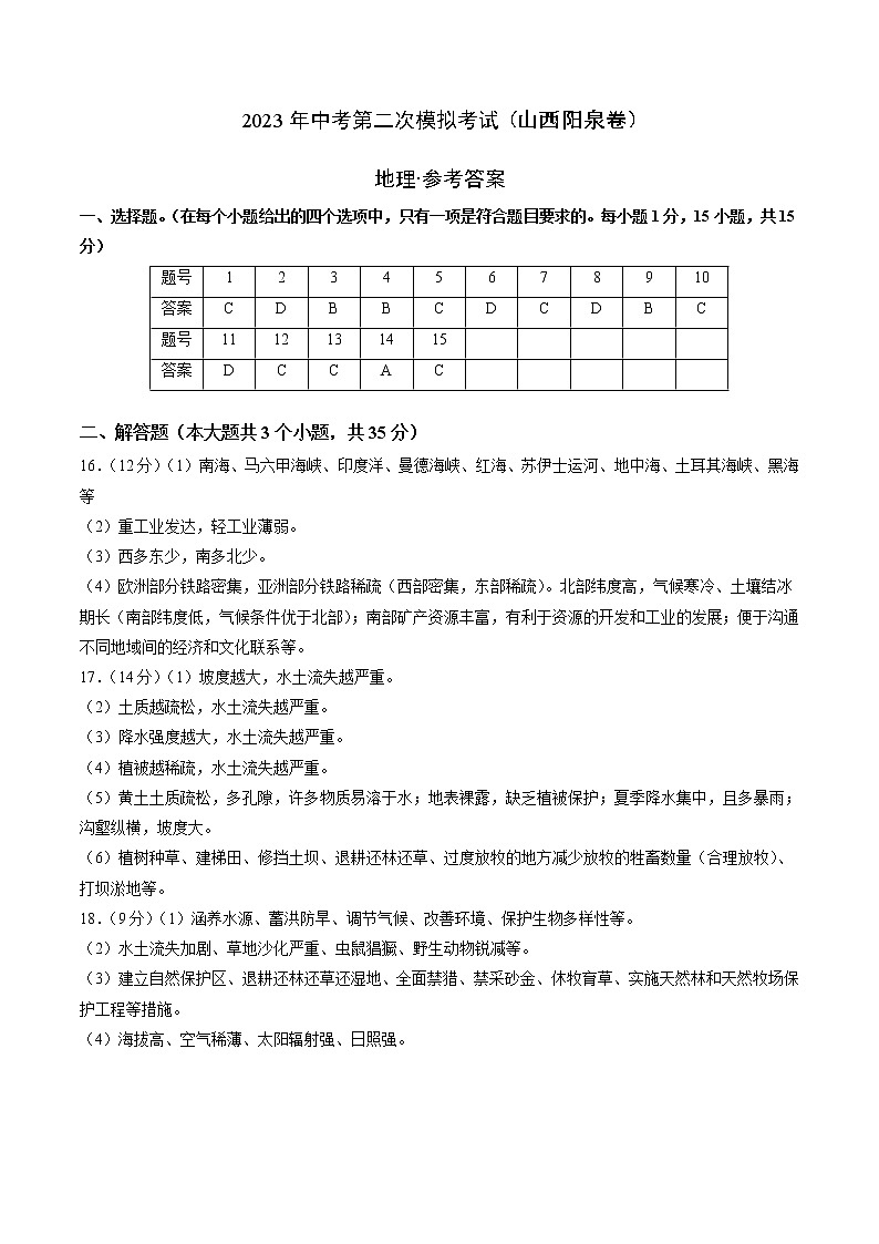 （山西阳泉卷）2023年中考地理第二次模拟考试（参考答案）01