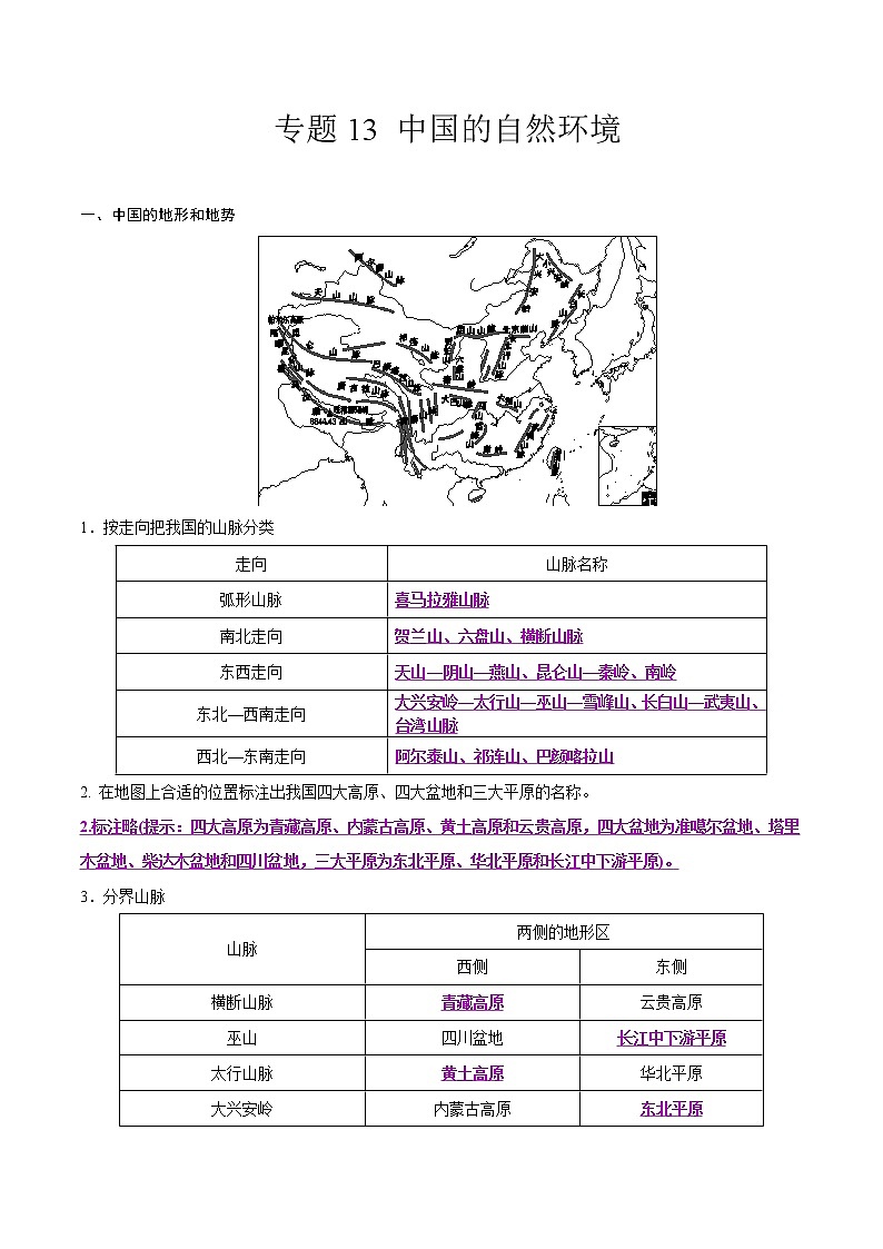 中考地理二轮复习冲刺练习专题13 中国的自然环境（解析版）第1页