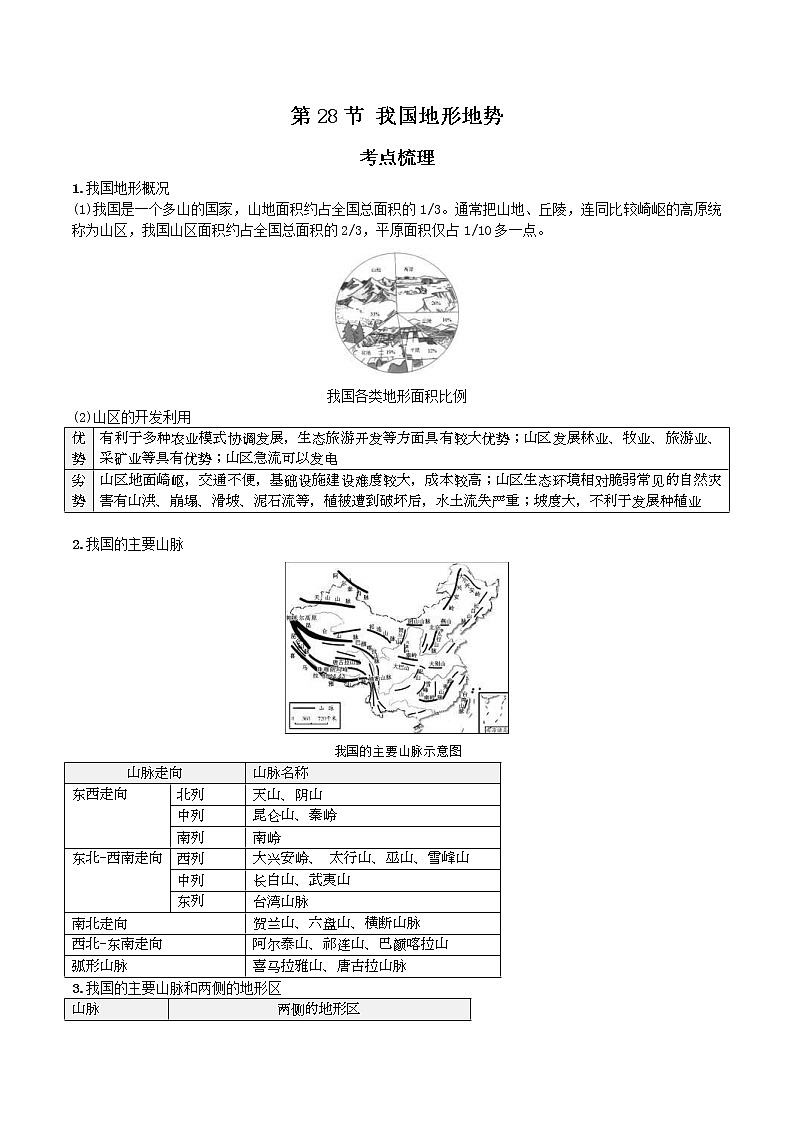 中考地理一轮复习 考点梳理+真题回顾  28 我国的地形地势 (含答案)第1页