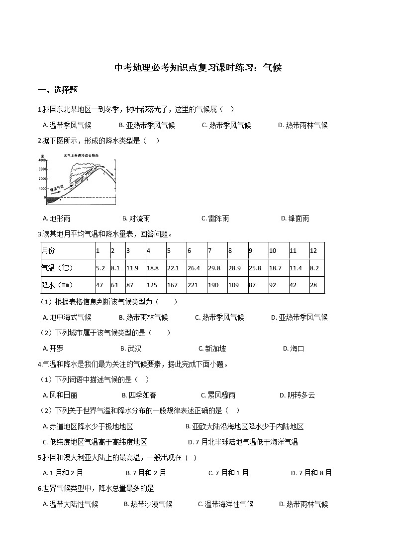 中考地理一轮必考知识点复习课时练习：气候 (含答案)第1页