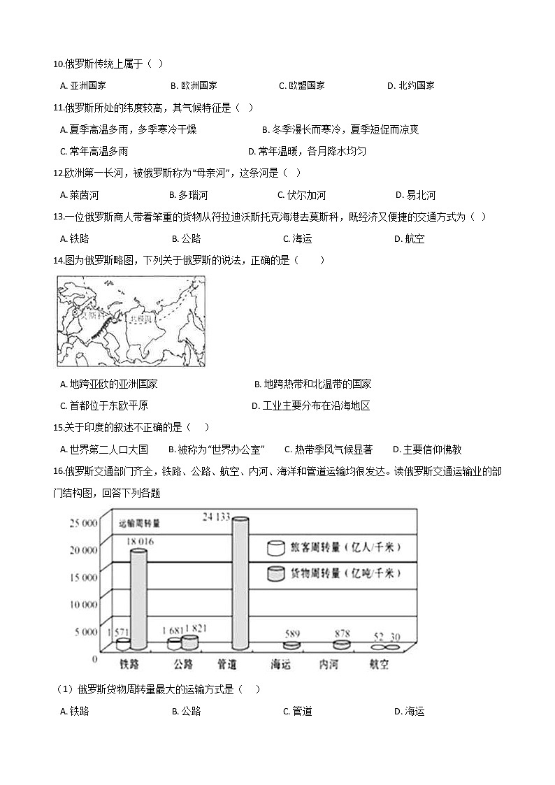 中考地理一轮必考知识点复习课时练习：印度、俄罗斯 (含答案)第2页