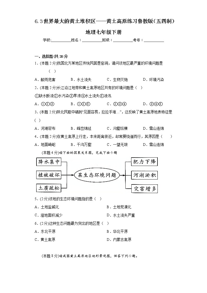 6.3世界最大的黄土堆积区——黄土高原练习鲁教版（五四制）地理七年级下册第1页