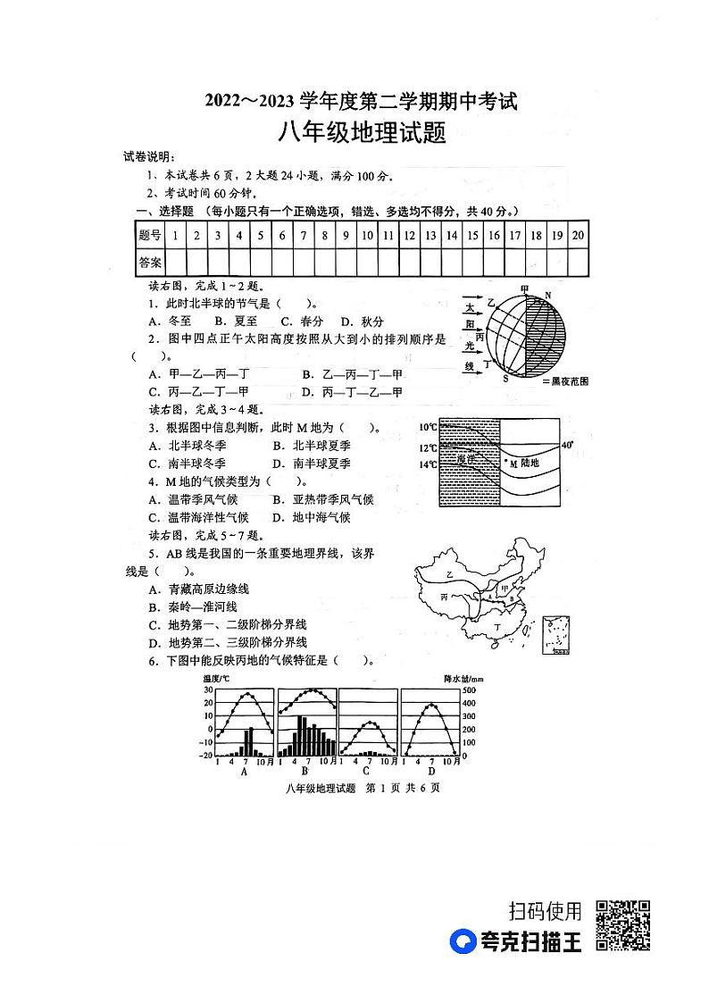 山东省微山县2022-2023学年八年级下学期期中考试地理试题01