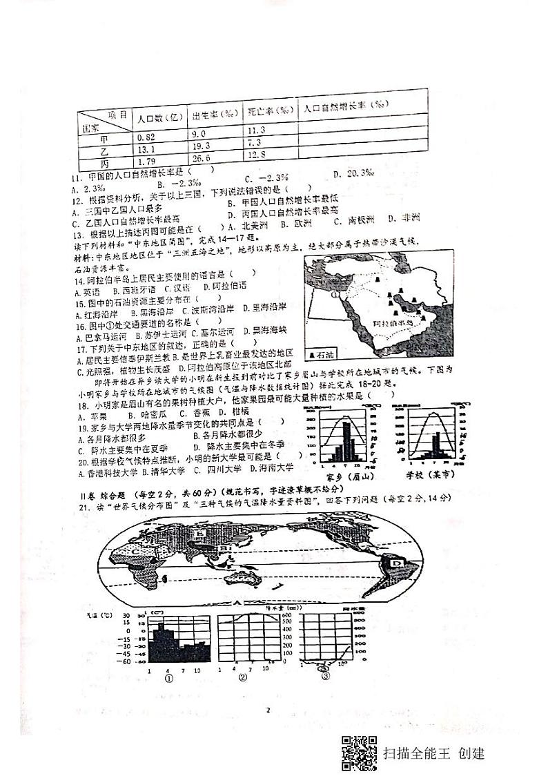 鳌峰初中2022-2023学年第二学期期中考试 八年级地理第2页