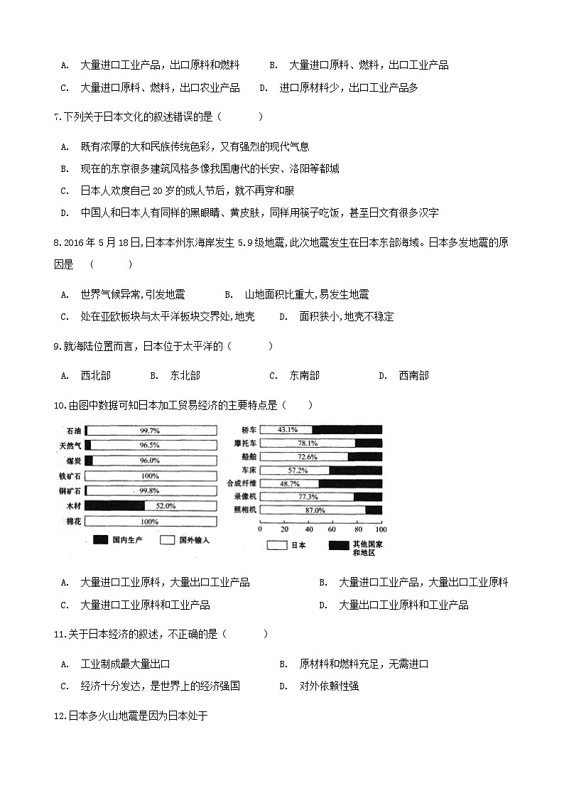 湘教版地理七年级下册 第八章第一节日本 同步检测（含答案解析）第2页