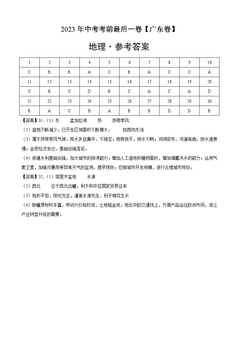 地理（广东卷）-【试题猜想】2023年中考考前最后一卷（考试版+答题卡+全解全析+参考答案）01