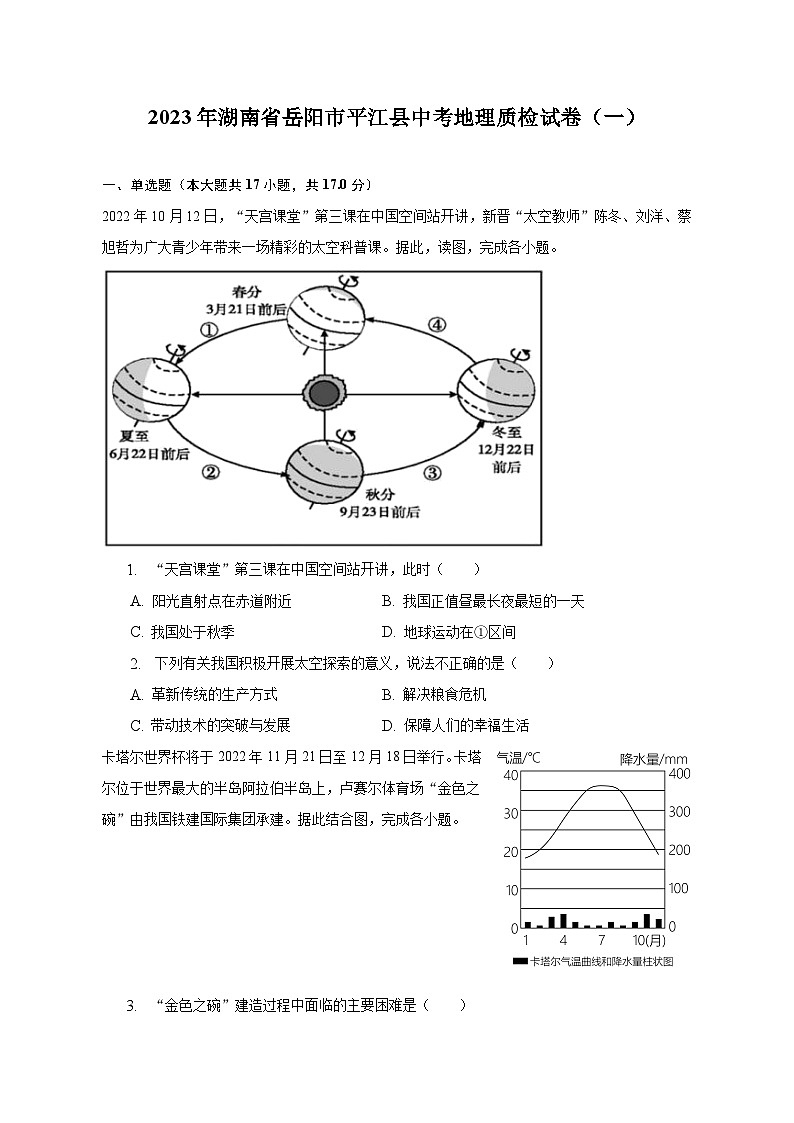 2023年湖南省岳阳市平江县中考地理质检试卷（一）（含解析）01