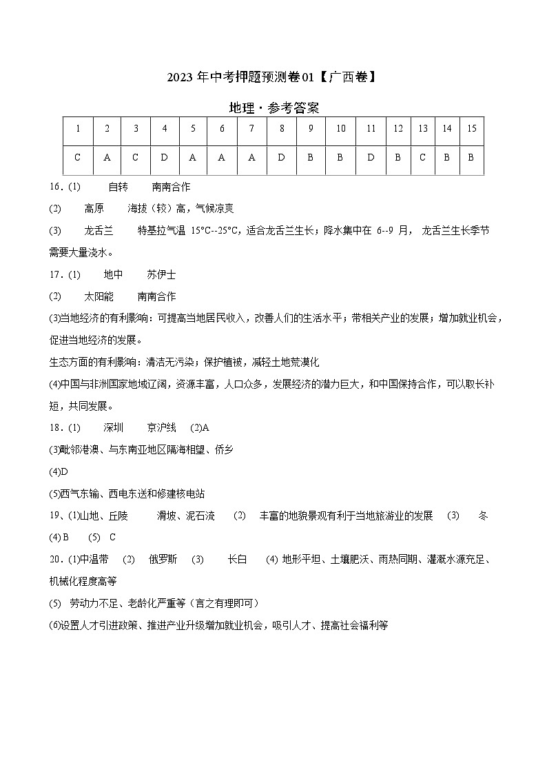 地理（广西卷）-2023年中考考前押题密卷（含考试版、全解全析、参考答案、答题卡）01