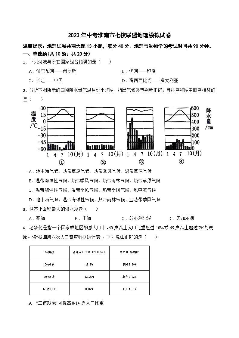 2023年安徽省淮南市七校联盟中考模拟地理试卷(含答案)第1页