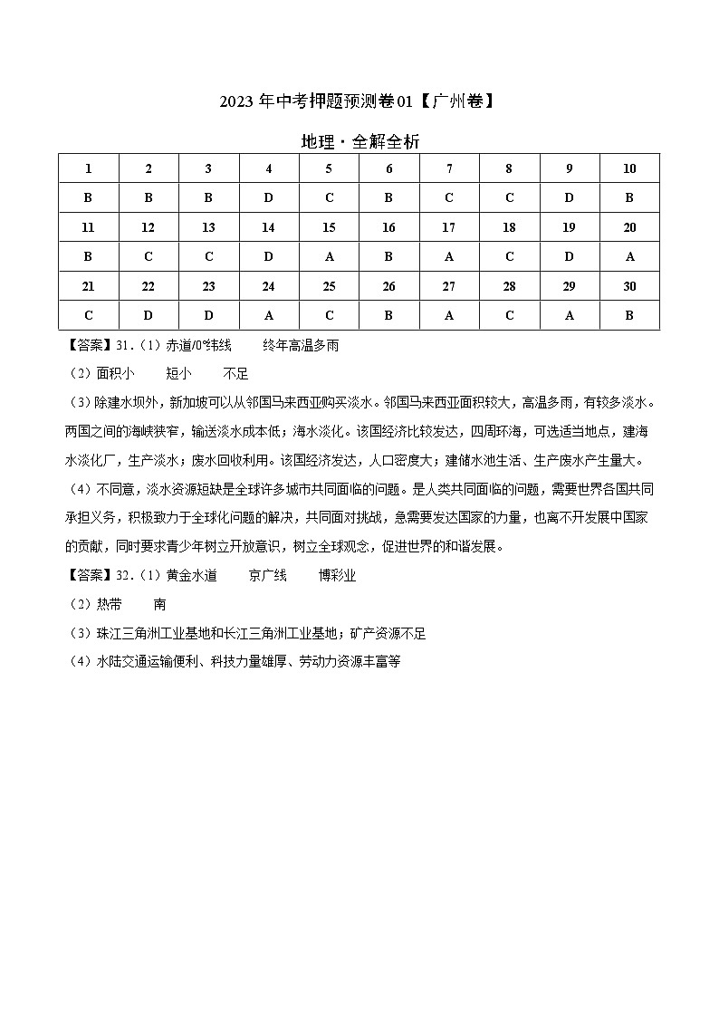 2023年中考地理押题卷01（广州卷）（参考答案）第1页