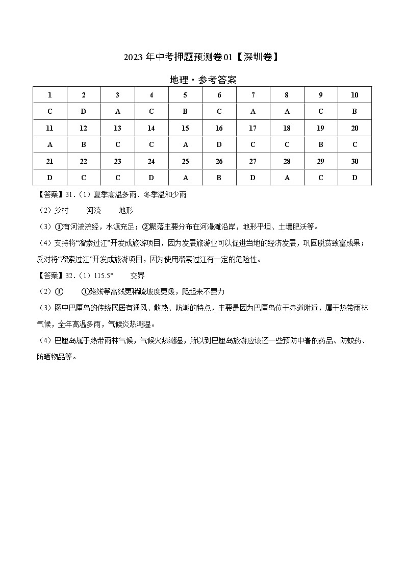 2023年中考地理押题卷01（深圳卷）（参考答案）第1页