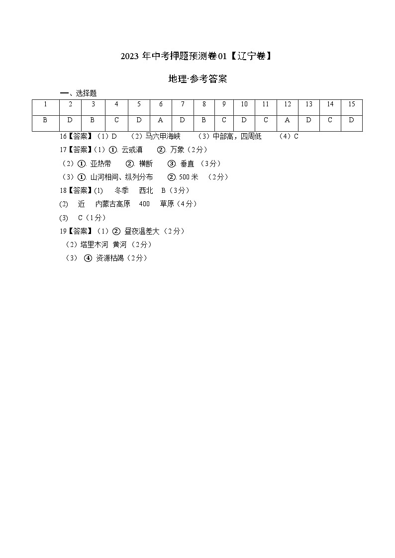 2023年中考地理押题卷01（辽宁卷）（参考答案）第1页