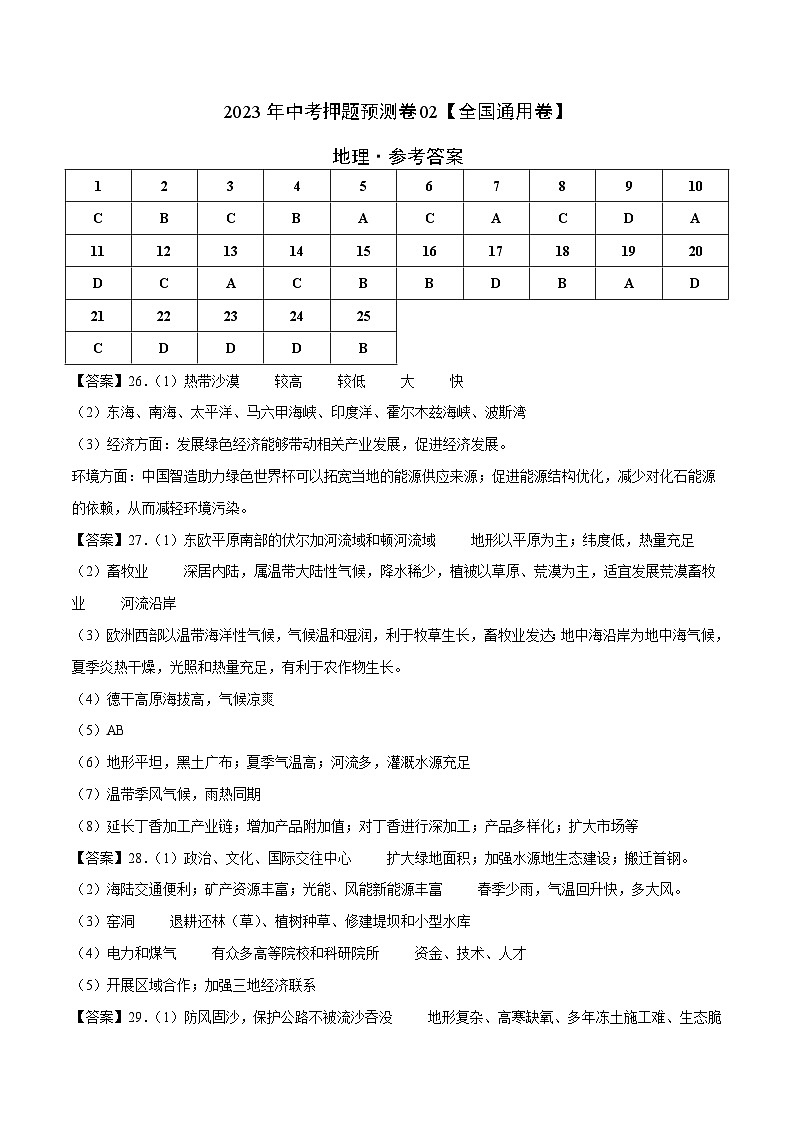 2023年中考地理押题卷02（全国通用卷）（参考答案）第1页