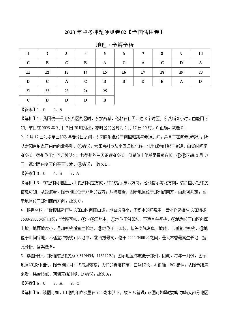 2023年中考地理押题卷02（全国通用卷）（全解全析）第1页