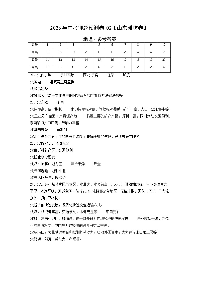 2023年中考地理押题卷02（山东潍坊卷）（参考答案）第1页