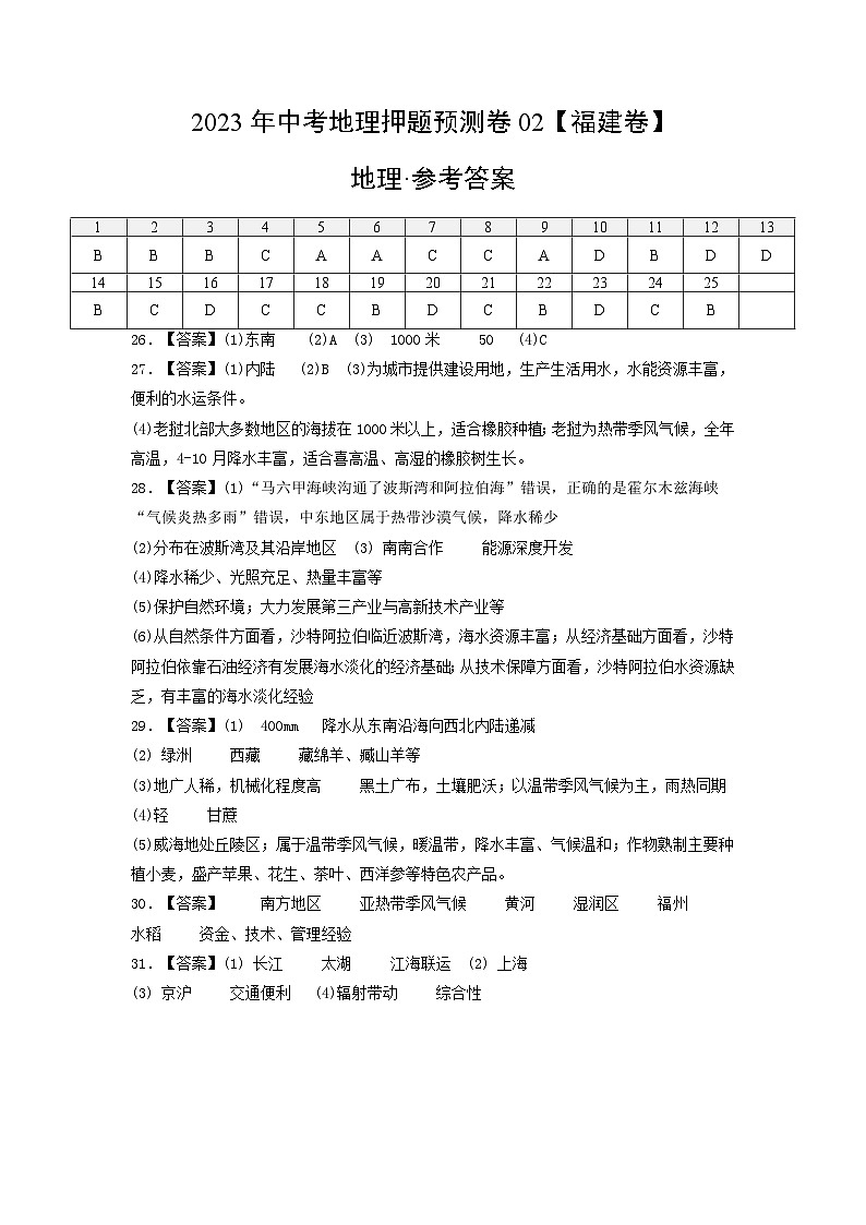 2023年中考地理押题卷02（福建卷）（参考答案）第1页