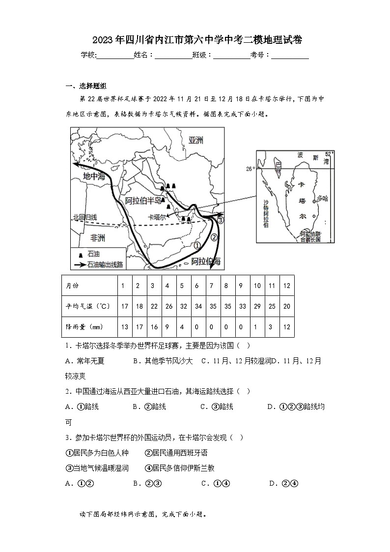 2023年四川省内江市第六中学中考二模地理试卷（含答案）01