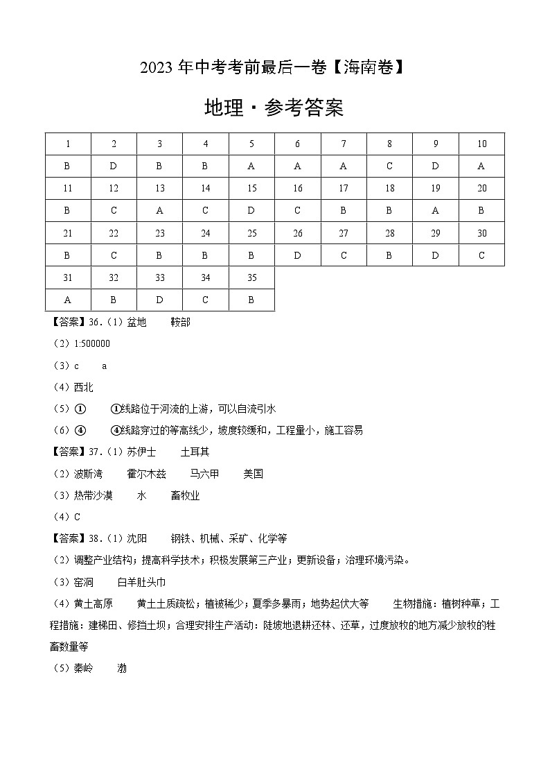 地理（海南卷）-【试题猜想】2023年中考考前最后一卷（参考答案）第1页