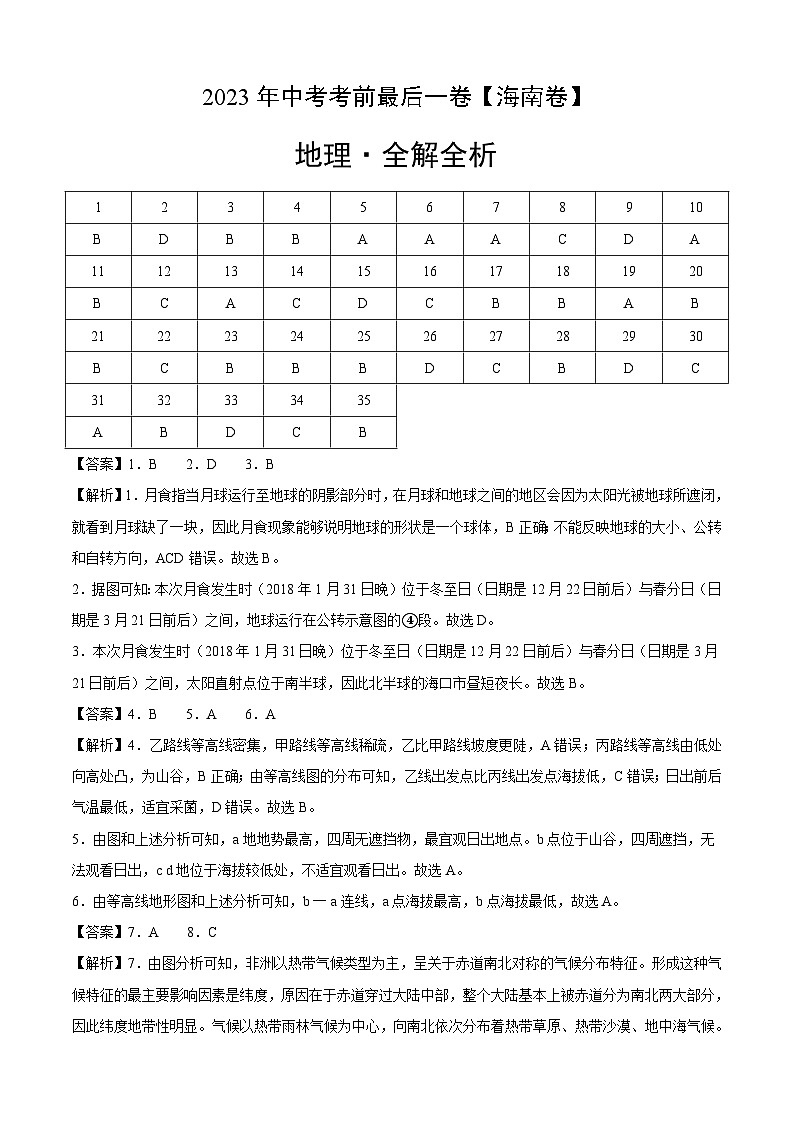 地理（海南卷）-【试题猜想】2023年中考考前最后一卷（全解全析）第1页
