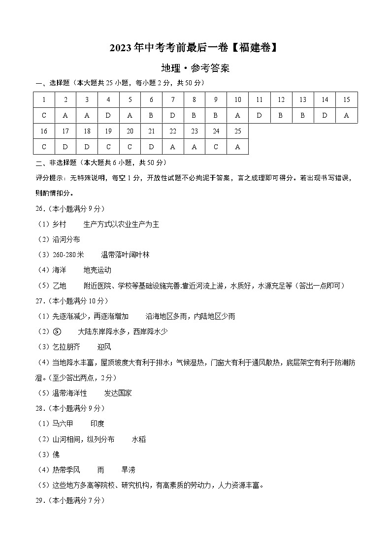 地理（福建卷）2023年中考考前最后一卷（参考答案）01