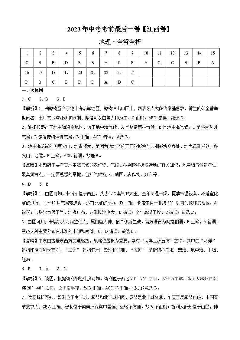 地理（江西卷）2023年中考考前最后一卷（全解全析）第1页